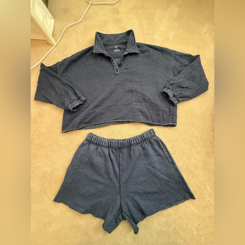 aerie Navy Cropped Polo Pullover Sweatshirt